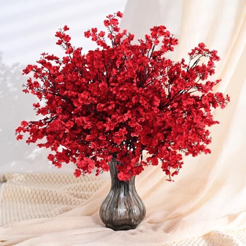 Waipfaru Red Fake Flowers, 6 Pcs Baby's Breath Artificial Flowers, Real Touch Silk Flowers Fall Stems for Spring Summer Fall Thanksgiving Christmas Decor Floral Arrangement, 19 Inches by Waipfaru