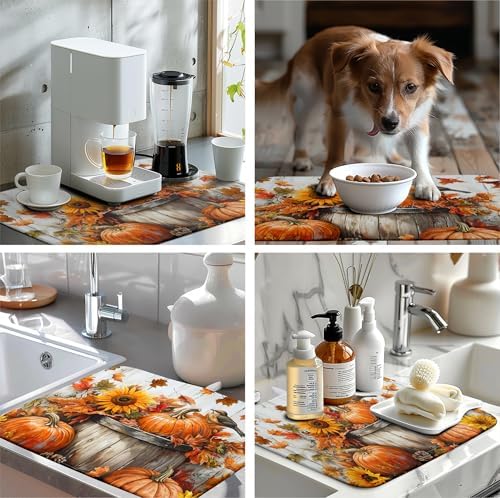 Fall Dish Drying Mat for Kitchen Counter Pumpkin Sunflower Maple Leaf Birds Drying Mats Autumn Thanksgiving Harvest Dish Drainer Mat Absorbent Microfiber Dishes Pad Large 18x24 Inch - Image 7
