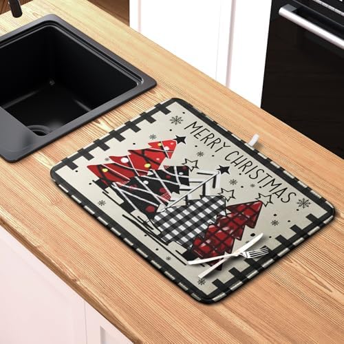 Christmas Trees Kitchen Dish Drying Mat 18x24 Inch Merry Christmas Black White Buffalo Plaid Dish Drainer Mat Absorbent Reversible Microfibe Drying Dish Pad for Winter Kitchen Counter Decor - Image 6