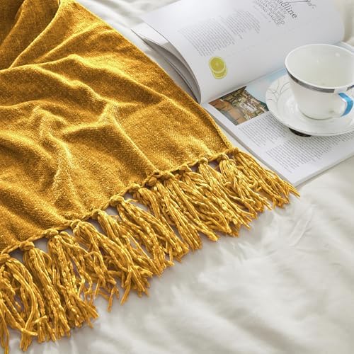 CozeCube Chenille Throw Blanket, Harvest Gold Fringe Blanket, 60"X80" - Image 6