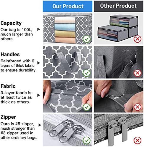 WISELIFE Storage Bags, Large Blanket Clothes Organization and Storage Containers for Bedding, Comforters, Foldable Organizer with Reinforced Handle, Clear Window,Sturdy Zippers,(Light Grey, 6 x 100L) - Image 5