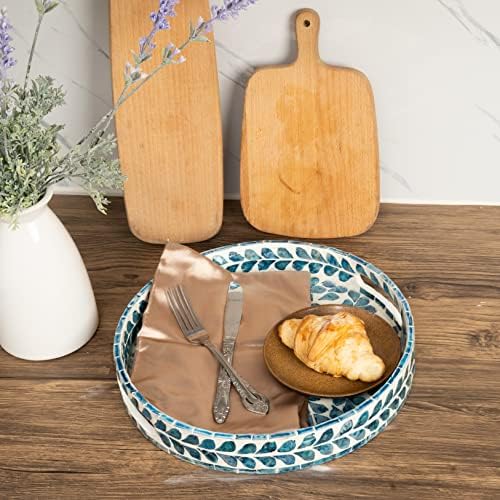 Serving Tray 12.5 Inch, Lacquer Mother of Pearl Inlay Mosaic Tray, Round Wooden Marble Tray with Handles Trays for Tea, Breakfast (Leaf Style) - Image 5
