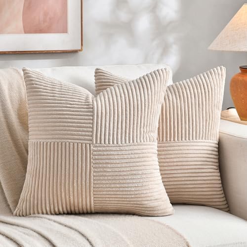 Fancy Homi 2 Packs Tan Samll Decorative Throw Pillow Covers 12x12 Inch with for Couch Bed Sofa, Rustic Farmhouse Boho Home Decor, Soft Corss Patchwork Corduroy Square Beige Cushion Case 30x30 cm by Fancy+Homi