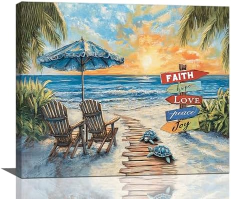 Beach Ocean Bathroom Pictures Wall Art, Seaside Coastal Bathroom Wall Decor, Sunrise Framed Painting Canvas Artwork for Bedroom Living Room Decorations 16" L x 12" W by Taimeng