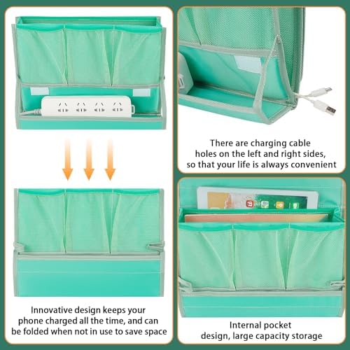 Bedside Caddy Organizer for Dorm Bed Rails with 7 Pockets, Green - Image 5