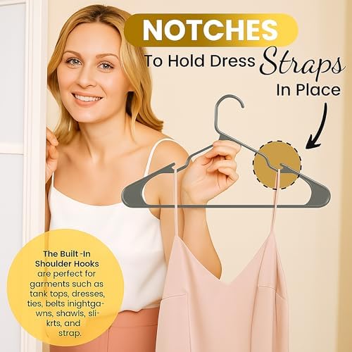 Our Modern Space 50 Pack Adult Plastic Hanger for Shirt Pants Coats Dresses Skirts Suits Jackets - Standard Thick Coat Hanger - Sturdy & Durable Design with Shoulder Grooves Hook - Grey - Image 6