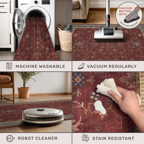 Washable 3x4 Rugs for Entryway - Burgundy Large Kitchen Rug, Non Slip Inside Door Mats for Home Entrance, Unique Bohemian Red Low Pile Thin Carpet for Bedroom Bedside, Foyer - Image 4