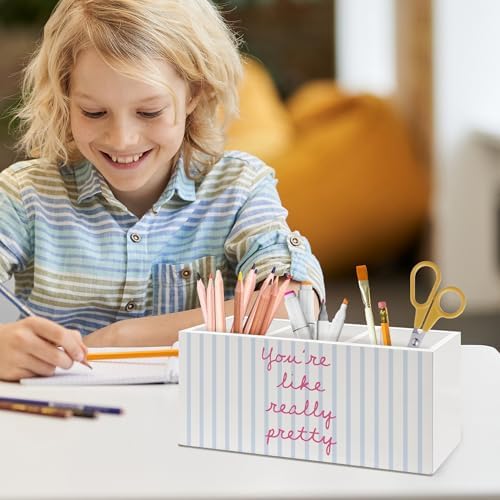 Inspirational Pen Holder, Positive Affirmations Office Pen Pencil Holder Organizer for Desk Accessories, Preppy Striped Wooden Box Desk Decor for Girls Room Bedroom Dorm Desk Decorations - Image 5