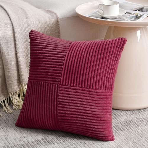 Fancy Homi 2 Packs Burgundy Euro Decorative Throw Pillow Covers 28x28 Inch for Bed, Rustic Farmhouse Boho Home Decor, Soft Corss Corduroy Patchwork Textured Square Cushion Case 71x71 cm - Image 2