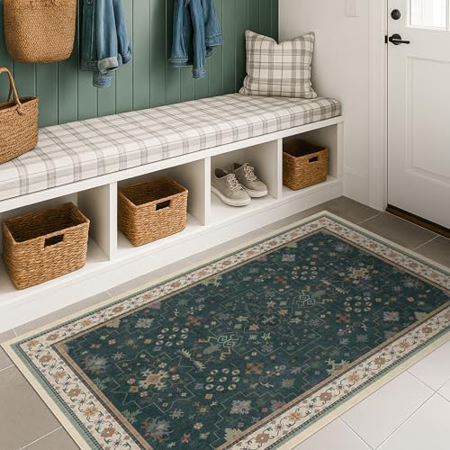 Dark Green Oushak 3x4 Large Entryway Rug - Modern Vintage Boho Floral, Washable Low Pile Non-Slip Area Rugs for Door Mat Indoor Entrance, Kitchen, Bedroom Beside Bed by HazoHaus