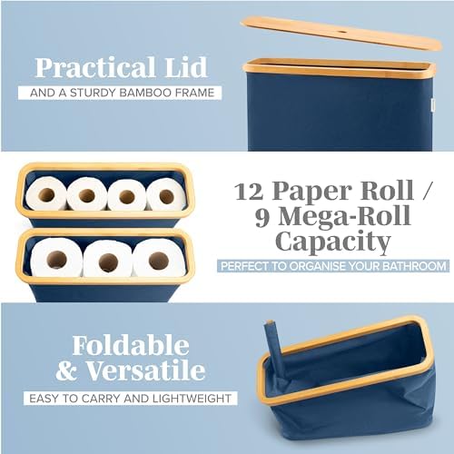 LONBET Toilet Paper Storage for 12 Rolls, Stackable & Foldable - The Ultimate Bathroom Organizer - Waterproof Basket with Bamboo Lid - Elegant Toilet Paper Storage Holder, Blue - Image 2