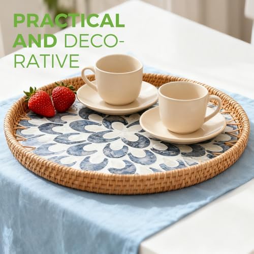 13.8" Round Rattan Tray with Mother of Pearl Inlay,Wicker Coffee Table Tray - Image 5