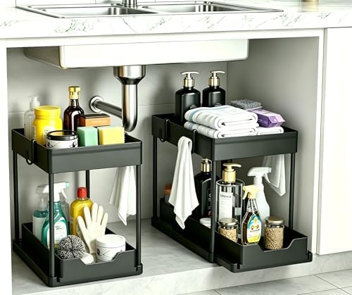 DEKAVA Under Sink Organizer 2 Pack, Bathroom Cabinet Organizer, 2 Tier Sliding Cabinet Basket Organizer Drawer, Multi-Purpose Bath Collection Baskets for Bathroom (Black) by DEKAVA
