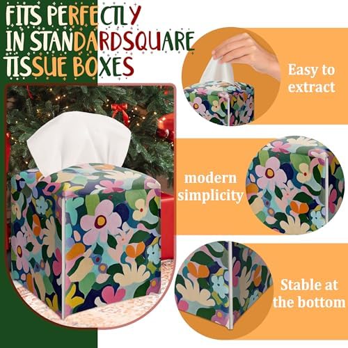 Modern Square Leather Tissue Box Cover/Case Holder Gifts for Women Family and Friends, Decorative Holder/Organizer for Bathroom Kitchen Nightstand Office Home (Colourful Floral) - Image 5