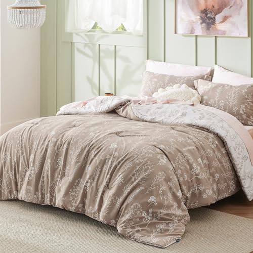 Bedsure Floral Comforter Set Cute Bedding Set Twin/Twin XL Reversible Light Taupe - Image 2