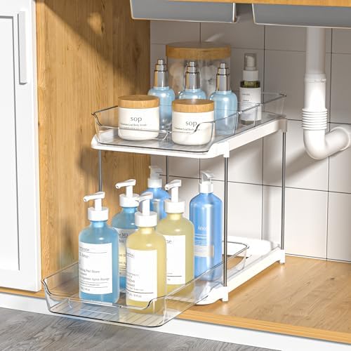 Delamu 2-Tier Bathroom Under Sink Organizers and Storage, Pull Out Cabinet Drawers with Anti-Slip Design, Multi-Purpose Storage for Kitchen, Pantry, Bathroom & Home Organization, Snowy, 1 Pack by DELAMU