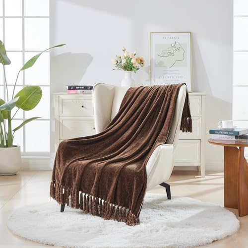 CozeCube Chenille Throw Blanket, Dark Brown Fringe Blanket, 60"X80" - Image 2