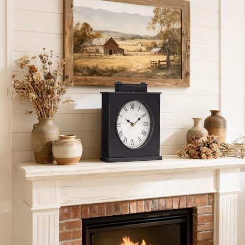 Vintage Mantel Clock, Large Rustic Distressed Metal Table Clock with Handle, Silent Non-Ticking Quartz Movement, Antique Brown Fireplace Shelf Desk Clock for Living Room Bedroom Office - Image 5
