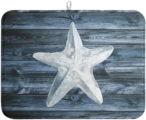 Summer Starfish Dish Drying Mat for Kitchen Counter Navy Blue Microfiber Absorbent Dish Drainer Rack Mats Coastal Ocean Themed Kitchen Sink Dishes Pad 18 X 24 Inch by Wnoesat