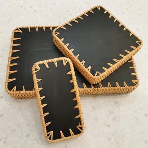 i-lan Set of 3 15" Rectangular Rattan and Mother of Pearl Serving Tray, Green Leaf Pattern Decorative,Boho Rectangule Natural Rattan Woven Trays for Entryway Kitchen Bathroom Counter - Image 5