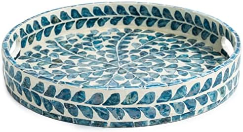 Serving Tray 12.5 Inch, Lacquer Mother of Pearl Inlay Mosaic Tray, Round Wooden Marble Tray with Handles Trays for Tea, Breakfast (Leaf Style) - Image 2
