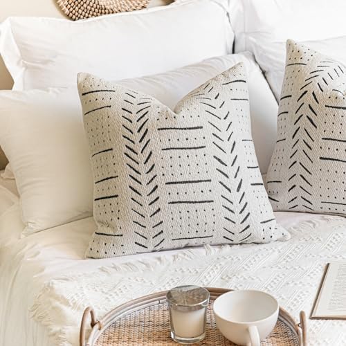 BlissBlush Off White Decorative Throw Pillow Covers 18X18, Set of 2, Boho Farmhouse Square Cushion Cover, Cozy Soft Accent Pillowcase for Couch Sofa Bed Living Room Home Décor by BlissBlush