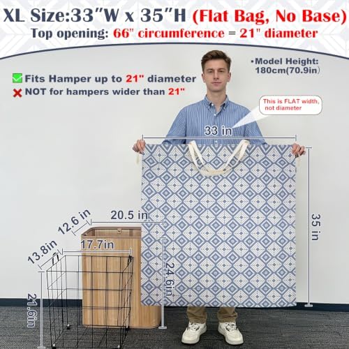 Canvas Laundry Bag with Handles & Drawstring, XL 33"Wx 35"H,Geometry Blue - Image 3