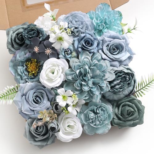 Artificial Flowers Combo Box Set Dusty Blue Silk Floral Arrangements for Wedding Bridal Bouquet, Cake Flowers, Table Centerpieces, Party & Home Decor by RUIDKUN