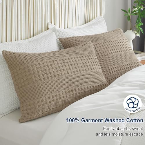 PHF 100% Cotton Waffle Pillow Shams Standard Size, 2 Pack 20" x 26" Soft Skin-Friendly Pillowcases, No Filling, Aesthetic Woven and Breathable Waffle Weave Pillow Case Covers for Bed, Simply Taupe - Image 3