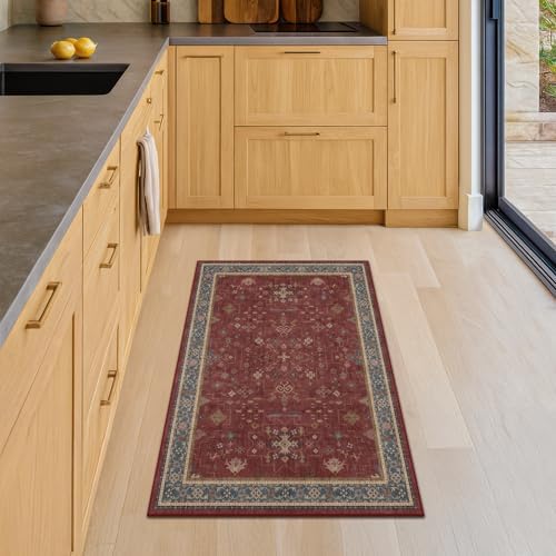 Hazo Haus Burgundy 2x4 Washable Entry Rug for Inside House, Kitchen Floor, Thin Door Mats for Inside Entry, Washable Non Slip Low Pile Stain & Fade Resistant, Modern Eclectic Floral Decor - Image 3