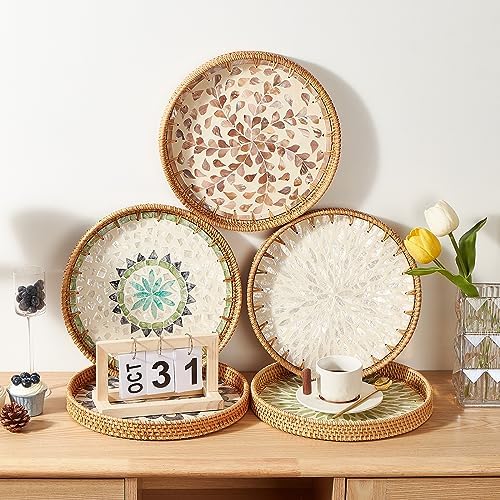 Kmelep Round Rattan Tray with Mother of Pearl Inlay, Rattan Serving Tray with Wooden Base, Decorative Wicker Basket for Table Decor, Storage and Display of Coffee Bread Food Fruit (Leaf 2) - Image 4