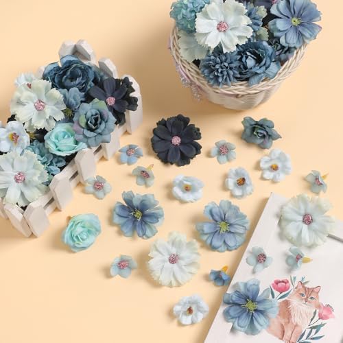 rongflower Faux Flower Heads Small Silk Artificial Flower DIY Fake Mini Flowers Rose Daisy Multicolor Flowers Craft Supplies for Wedding Party Wreath Graduation Season Party Home Decor (125, Blue) - Image 6