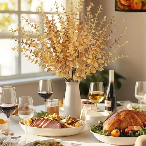 GnFlus 5 Pcs Artificial Eucalyptus Stems Fall Eucalyptus Leaves Autumn Leaf Branches Fall Decorations with Foam Fall Leaves for Home Floral Arrangement Autumn Festival Thanksgiving Decor Yellow - Image 5