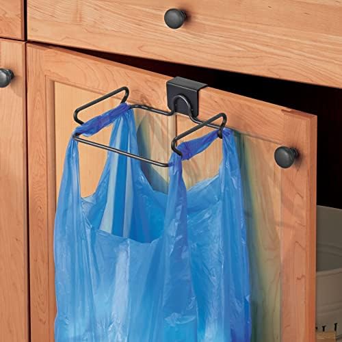 mDesign Over the Cabinet Metal Wire Small Garbage Container, Trash Bag Holder Rack for Recycled Reusable Disposable Plastic Shopping Grocery Bags for Kitchen, Pantry, Garage, Bathroom - Matte Black - Image 6
