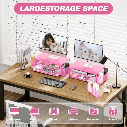 OPNICE Desk Organizers and Accessories, Computer Monitor Stand Riser with Drawer and 2 Pen Holders, Printer & Laptop Stand, Office Desk Accessories & Workspace Organizers for Home Office Supplies, Carmine Rose - Image 5