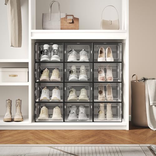 DUMOS Shoe Storage Boxes, 12-Pack Stackable Clear Shoe Containers with Lids, Display Sneaker Case Organizer for Closet, Under Bed, Entryway, Black, Fit Size 11 - Image 5