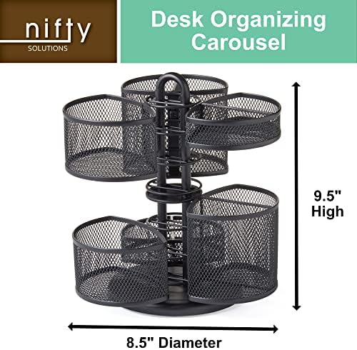 Nifty Desk and Office Organizing Carousel – Modern Black Powder Coated Finish, 6 Compartments with Dividers, Spins 360-Degrees, Lazy Susan Platform, Office Desk Organizer, Removable Top - Image 2