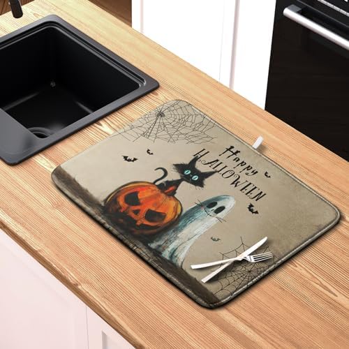 Happy Halloween Dish Drying Mat for Dishs 18x24 Inch Halloween Pumpkin Ghost Black Cat Kitchen Drying Mat Spooky Spiderweb Holiday Dish Drainer Mat Super Absorbent Dish Rack Pad for Coffee Bar Sinks - Image 6