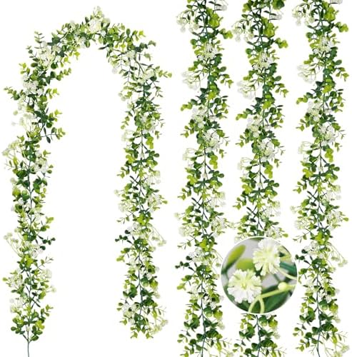 6FT Eucalyptus Garland with Flowers, 4 Pack Greenery Hanging Summer Eucalyptus Garland Suitable for Table Wedding Backdrop Arch Wall Party Thanksgiving UV Protected Indoor Outdoor Decorations by HIAGROW