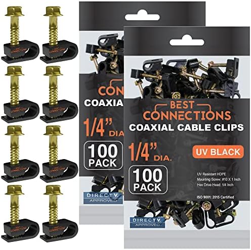 BEST CONNECTIONS Coaxial Cable Clips with Pre-Inserted Screw (200 Pack) – Black Single Cable Mounting Clamps for Coax Cable (RG6, RG59) and Ethernet Cable – Cord Fastener/Strain Relief Clip by BESTCONNECTIONS