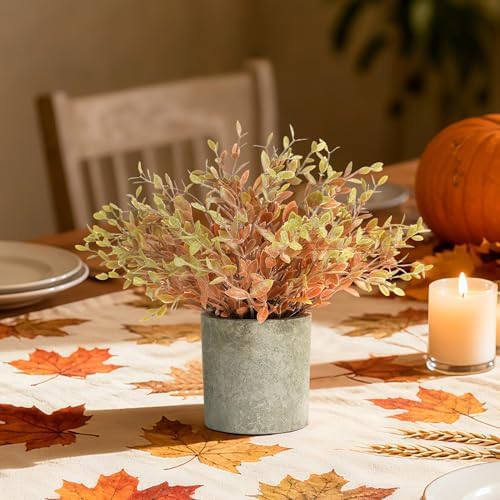 2 Pack Small Potted Artificial Eucalyptus Plant for Fall Decor, Faux Orange Eucalyptus Plants, Artificial Potted Greenery for Bedroom Kitchen Farmhouse Home Decor - Image 3