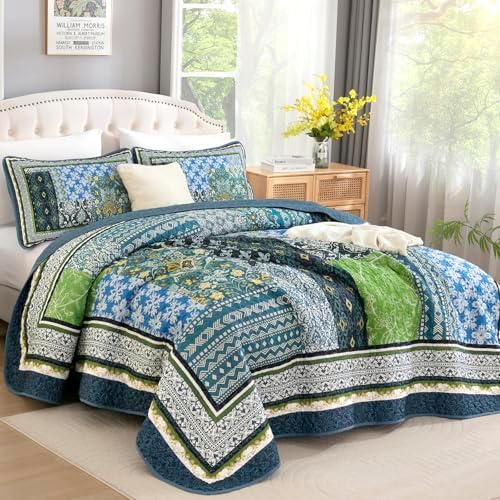 WONGS BEDDING Boho Quilt Queen, 3 Pieces Teal Patchwork Quilt Soft Coverlet Reversible Lightweight Farmhouse Quilts with 2 Pillow Shams for All Seasons (96"x90") - Image 2