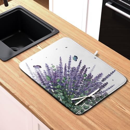 Purple Lavender Dish Drying Mat for Kitchen Counter Spring Summer Floral Microfiber Dish Drainer Mats Green Leaves Butterfly Absorbent Reversible Dish Drainer Rack Mat 16x18 Inch - Image 6