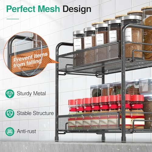 Spice Rack Organizer for Countertop 2 Pack, 2-Tier Counter Foldable Metal Standing Large Seasoning Storage Shelf for Kitchen Cabinet Bathroom Living Room Pantry Office, Black - Image 6