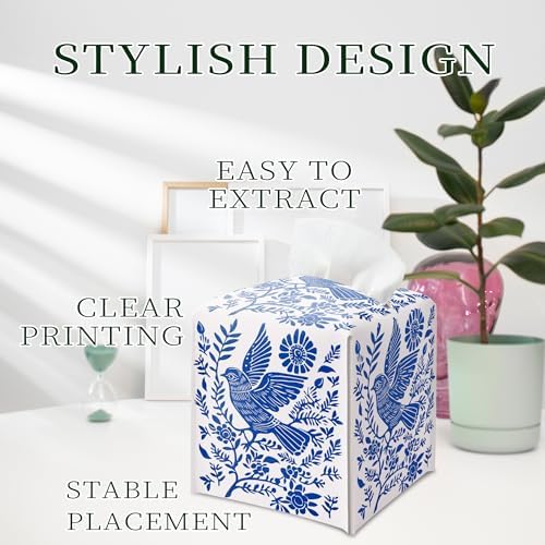 Blue Tissue Box Holder, Scandinavian Boho Bird Leather Tissue Box Cover Square, Paper Napkins Everyday Dispenser for Bathroom Vanity Countertop Night Stands Kitchen Office Car Home Decor - Image 5