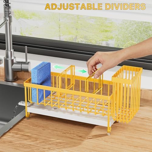 Cisily Sponge Holder for Kitchen Sink, Sink Caddy Organizer with High Brush Holder, Kitchen Countertop Organizers and Storage Essentials, Rustproof 304 Stainless Steel (Yellow, 9.25″) - Image 4