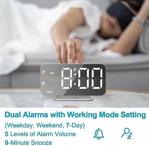 Slim LED Digital Alarm Clock, Mirror Surface for Makeup, with Diming, Large Display, Easy Setting, USB Ports, Modern Decor for Bedroom, Desk, Xmas, Birthday Gift for Women, Sister, Teen Girl, Silver - Image 4