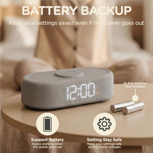 Fabric Digital Alarm Clock for Bedroom, Wireless Charging, Beige - Image 7