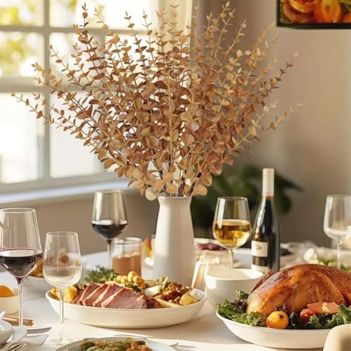 GnFlus 5 Pcs Artificial Eucalyptus Stems Fall Eucalyptus Leaves Autumn Leaf Branches Fall Decorations with Foam Fall Leaves for Home Floral Arrangement Autumn Festival Thanksgiving Decor Brown - Image 3