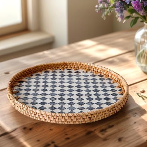 12" Round Rattan Tray with Mother of Pearl Inlay, Wicker Coffee Table Tray - Image 7